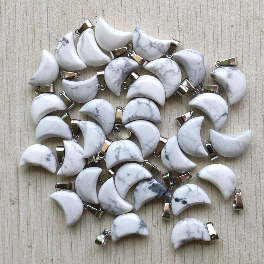 Good quality mix natural stone tiger eye white crystal moon shape pendants for jewelry making Wholesale 50pcs/lot