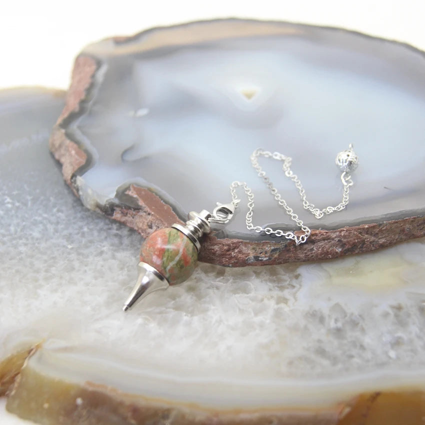 Natural Rose Quartz Labradorite Pendulum for Dowsing Divination Round beads Stone Crystal Cone Pendants pendulos Jewelry