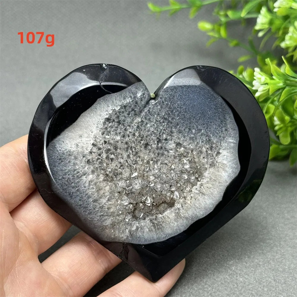 Natural Gemstone Black Agate Geode Heart Shaped Crystal Reiki Energy Healing Meditation Witchcraft Home Garden Decoration Exorci