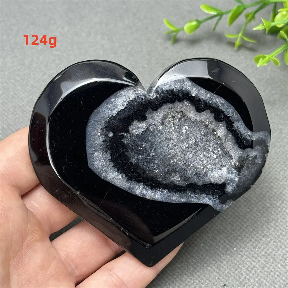 Natural Gemstone Black Agate Geode Heart Shaped Crystal Reiki Energy Healing Meditation Witchcraft Home Garden Decoration Exorci