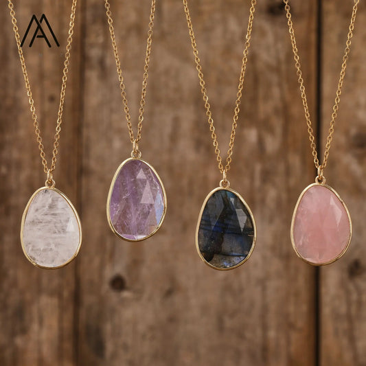 Classic Natural Gemstone Labradorite Amethyst Rose Quartz Healing Crystal Necklace Pendant Chokers Gift to Lady Women