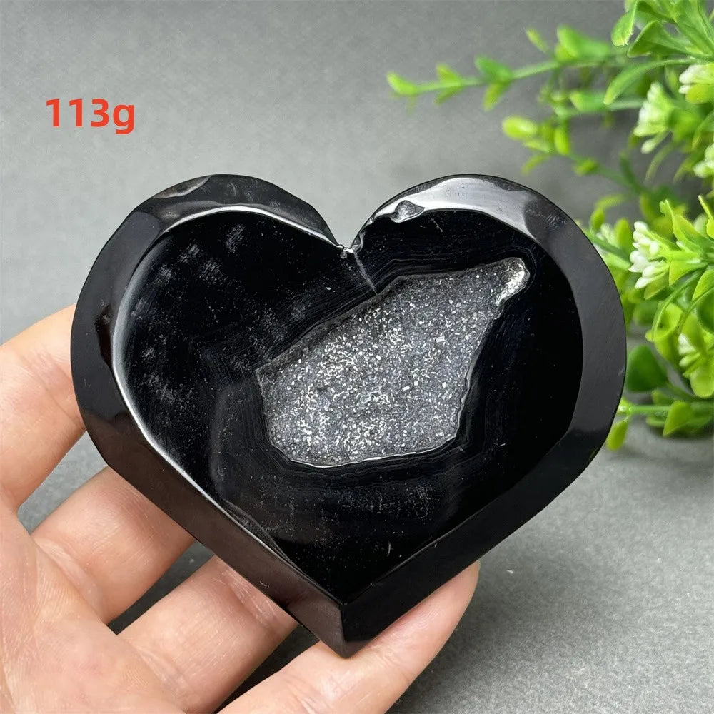 Natural Gemstone Black Agate Geode Heart Shaped Crystal Reiki Energy Healing Meditation Witchcraft Home Garden Decoration Exorci