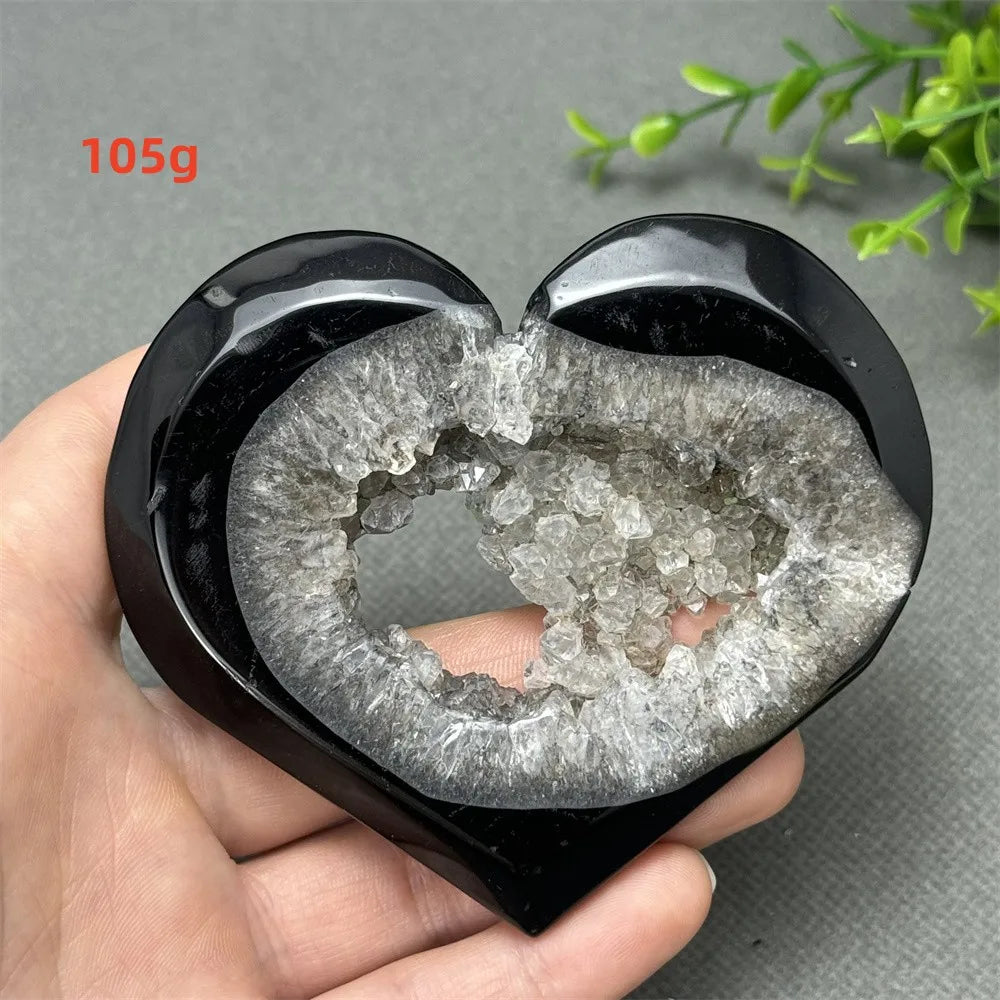 Natural Gemstone Black Agate Geode Heart Shaped Crystal Reiki Energy Healing Meditation Witchcraft Home Garden Decoration Exorci