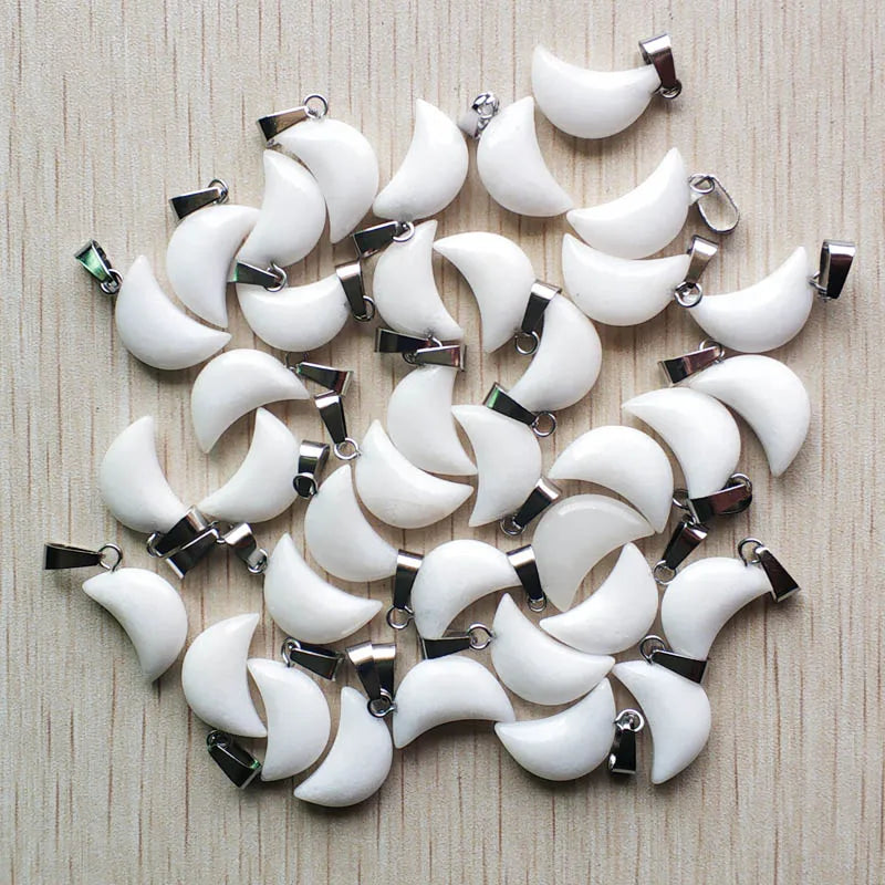 Good quality mix natural stone tiger eye white crystal moon shape pendants for jewelry making Wholesale 50pcs/lot