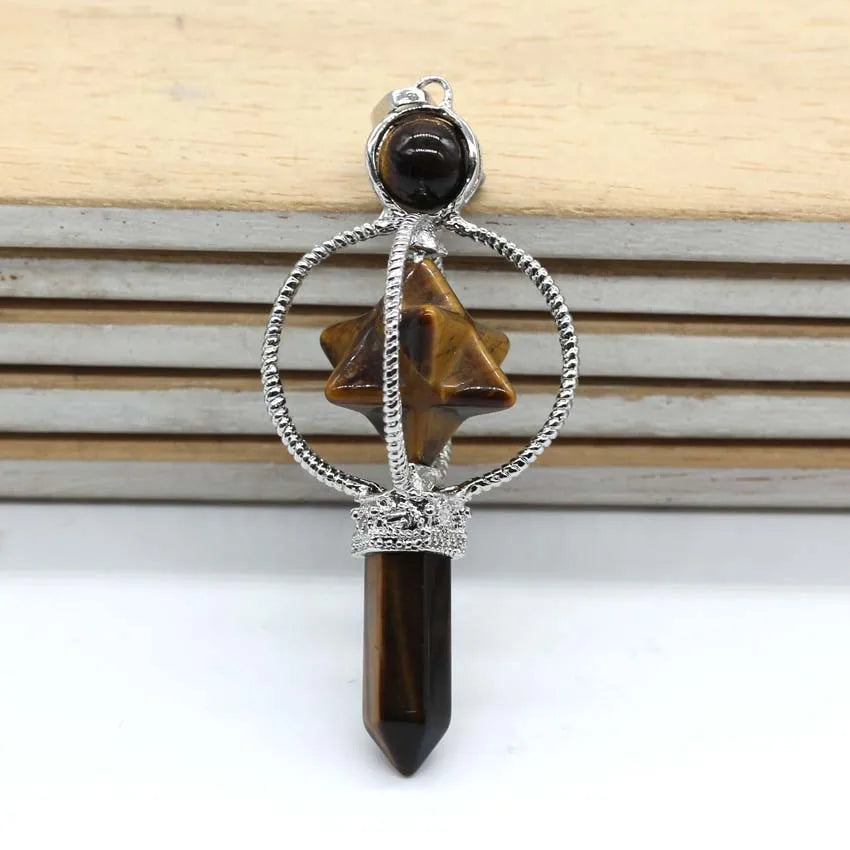 Natural Healing Crystal Sceptre Pendulum Pendant For Dowsing Divination Quartz Reiki Hexagon Column Merkaba Star Stone Pendulo