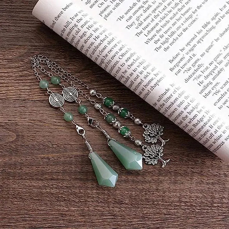 Natural Stone Green Aventurine Dowsing Pendulum Scrying Divination Healing Hexagonal Pointed Tree of Life Crystal Pendulums X058