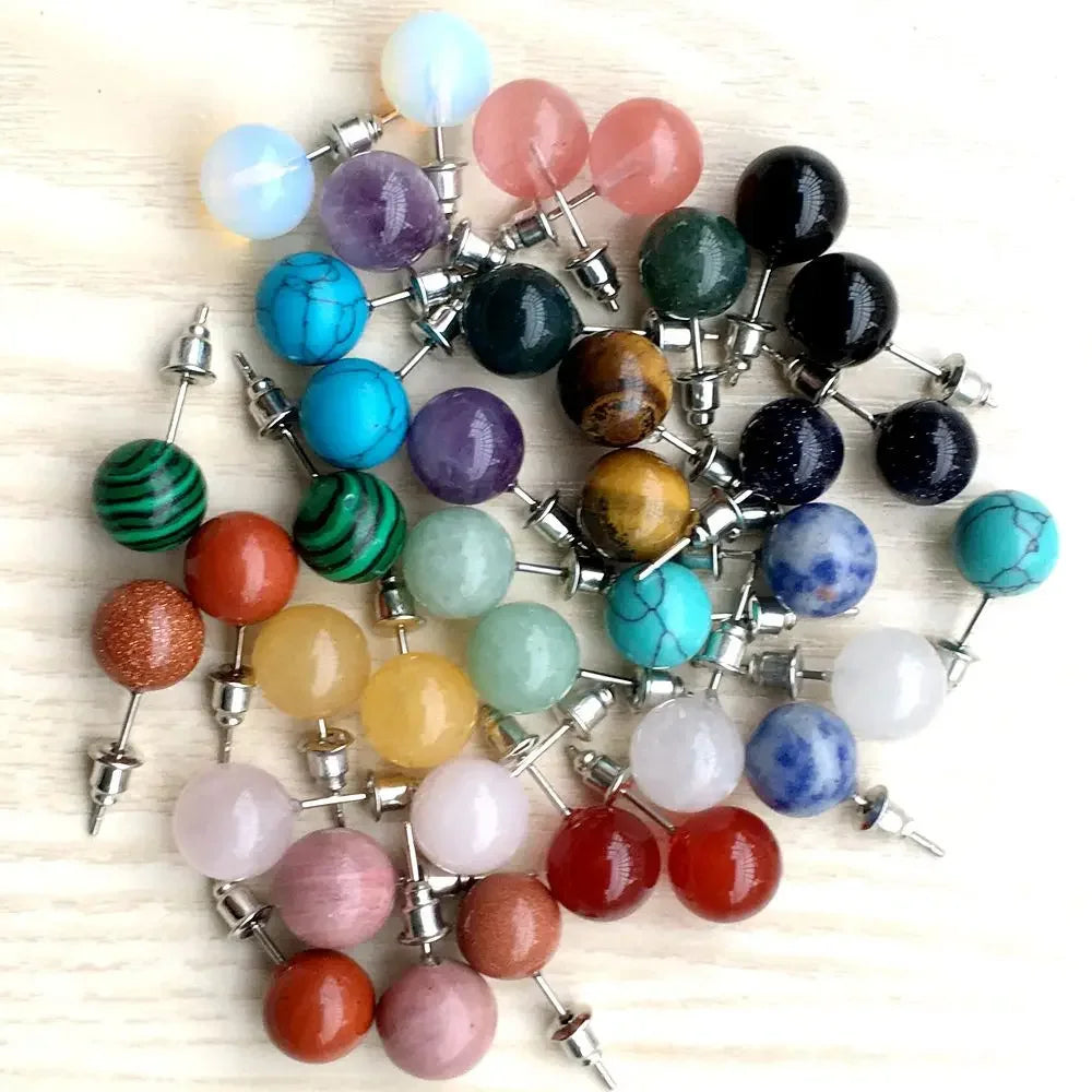 10 pairs Natural Stone Earrings Healing Crystal Quartzs Round Ball Beads Steel Stud Fashion Ear Jewelry for Women Girl Wholesale