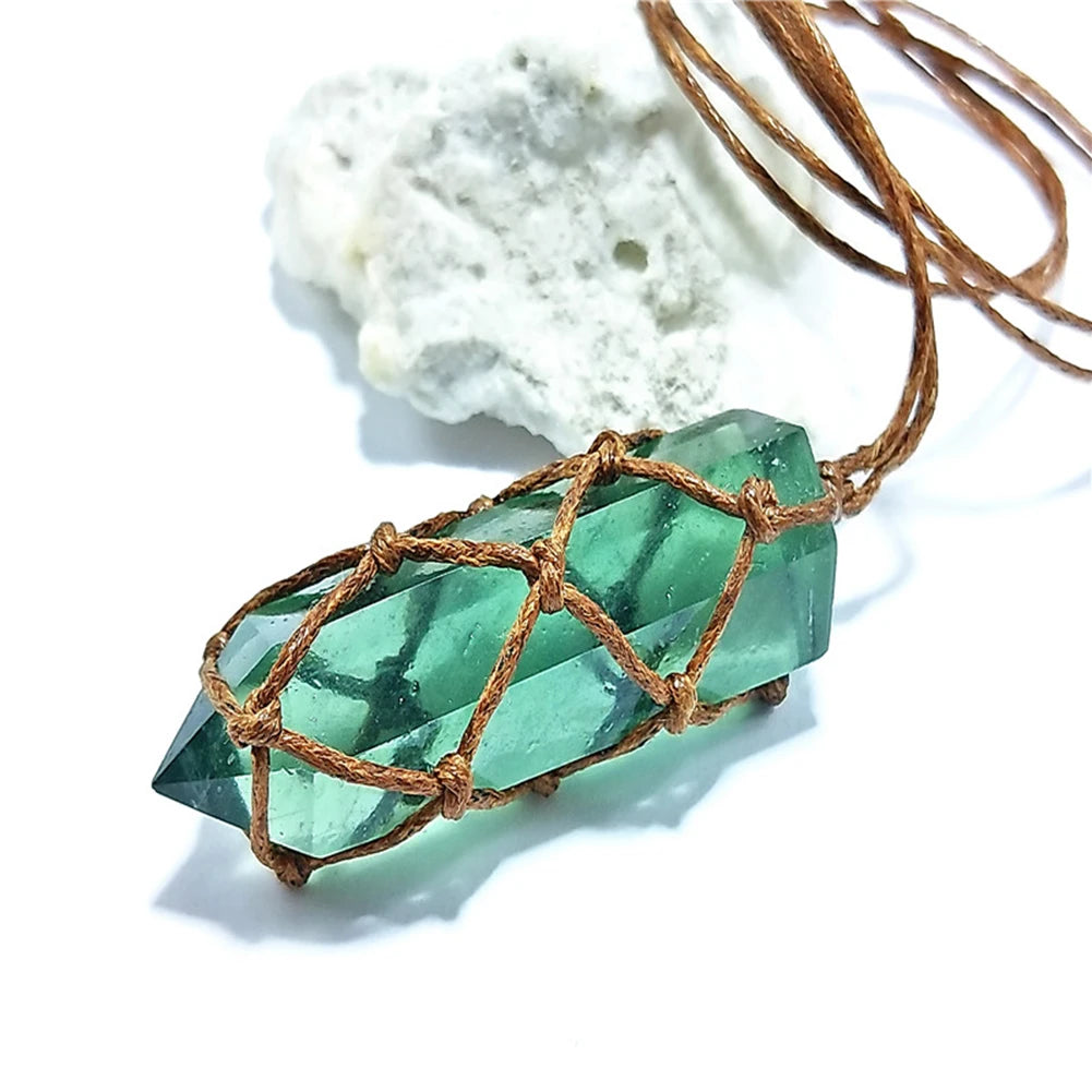 Natural Emerald Crystal Pendant Healing DT Gemstone Wand Reiki Green Fluorite Wrap Braid Necklace Yoga Macrame For Men Women