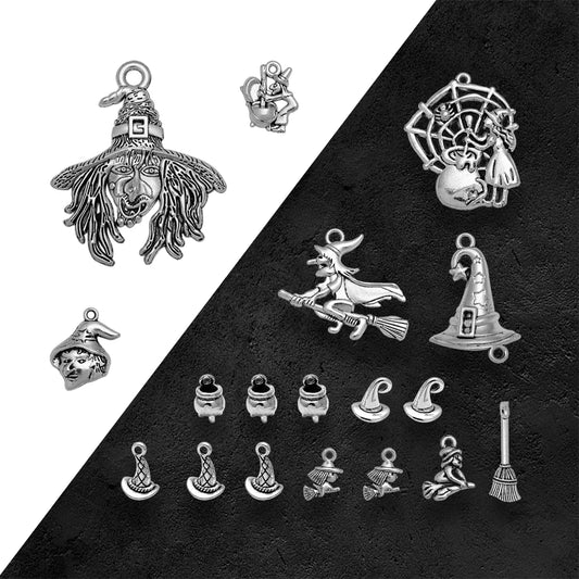 3-40pcs/lot Antique Silver Plated Halloween Charms Witch Cauldron Hat Broom Pendants For Diy Jewelry Making Supplies Accessories