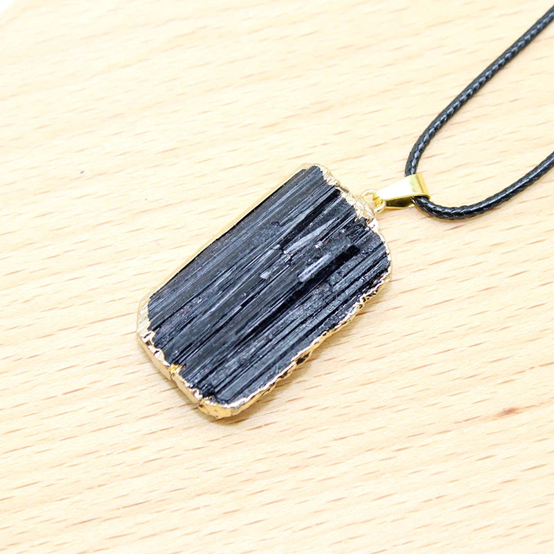 1 Piece Natural Black Tourmaline Necklace Pendant Mineral Specimen Crystal Gem Phnom Penh Raw Stone Craft Pendant Men's Jewelry
