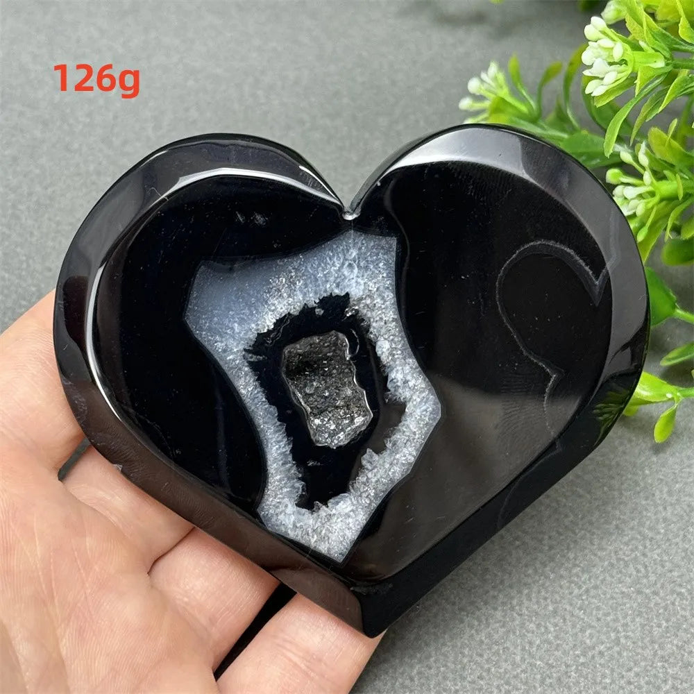 Natural Gemstone Black Agate Geode Heart Shaped Crystal Reiki Energy Healing Meditation Witchcraft Home Garden Decoration Exorci