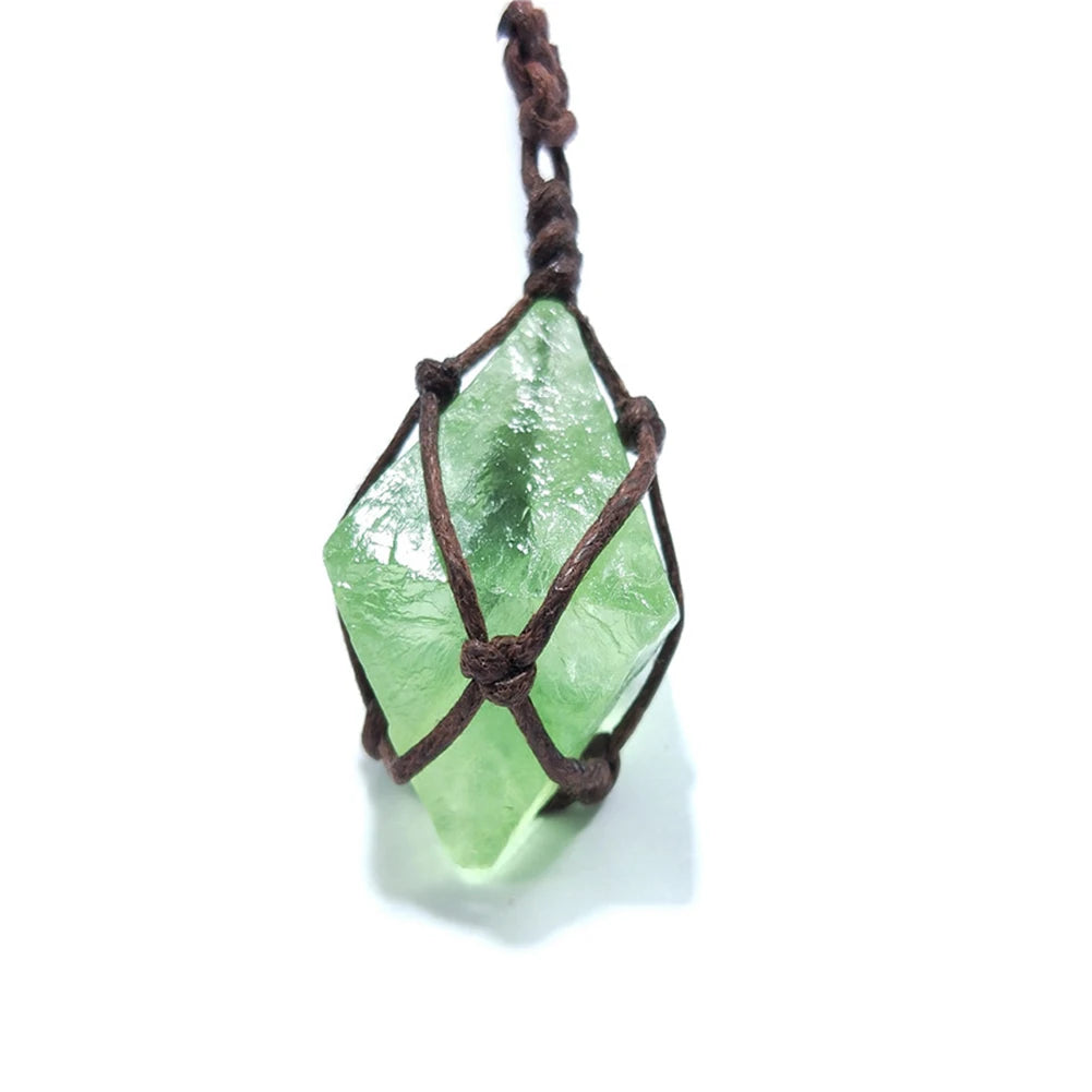 Natural Emerald Crystal Pendant Healing DT Gemstone Wand Reiki Green Fluorite Wrap Braid Necklace Yoga Macrame For Men Women