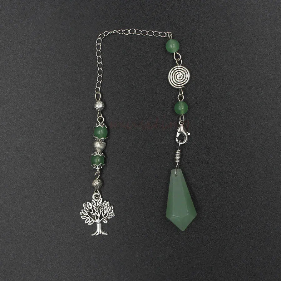 Natural Stone Green Aventurine Dowsing Pendulum Scrying Divination Healing Hexagonal Pointed Tree of Life Crystal Pendulums X058