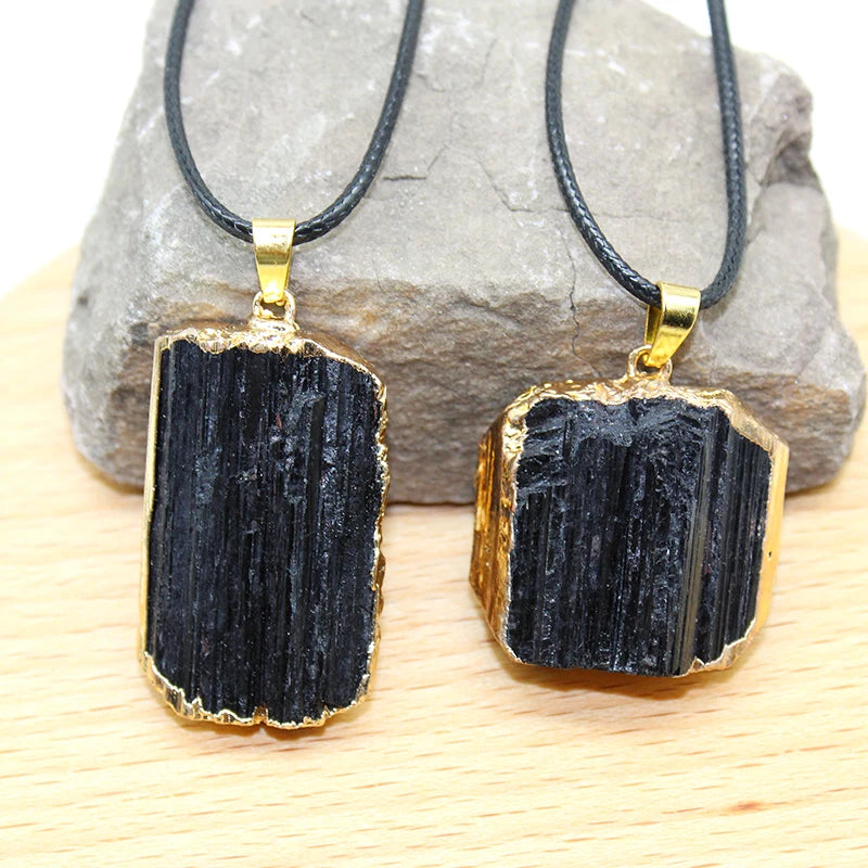 1 Piece Natural Black Tourmaline Necklace Pendant Mineral Specimen Crystal Gem Phnom Penh Raw Stone Craft Pendant Men's Jewelry