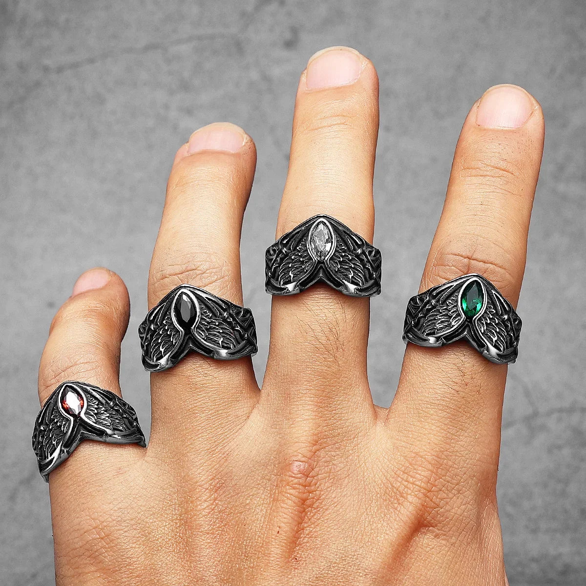Fallen Angel Wings Gems Stone Men Rings Stainless Steel Retro Punk Rock Gothic Women Fashion Jewelry Accessories Gift Wholesale