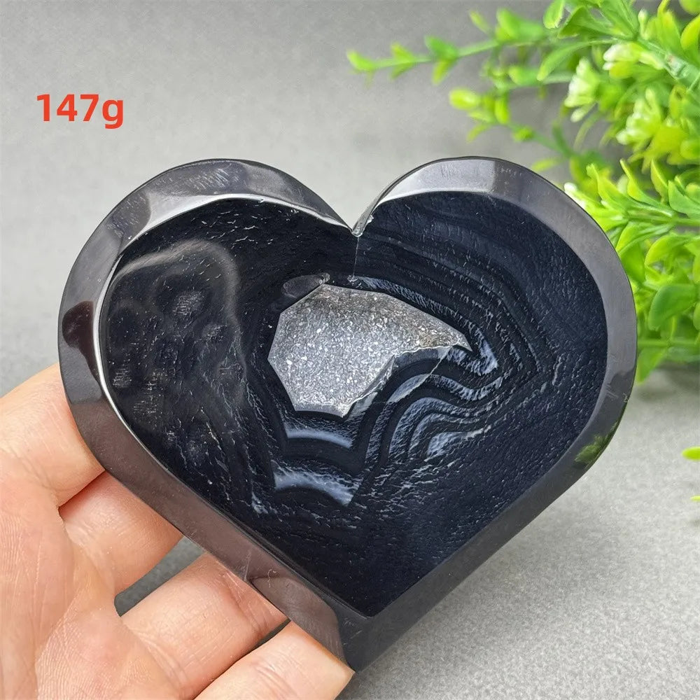 Natural Gemstone Black Agate Geode Heart Shaped Crystal Reiki Energy Healing Meditation Witchcraft Home Garden Decoration Exorci