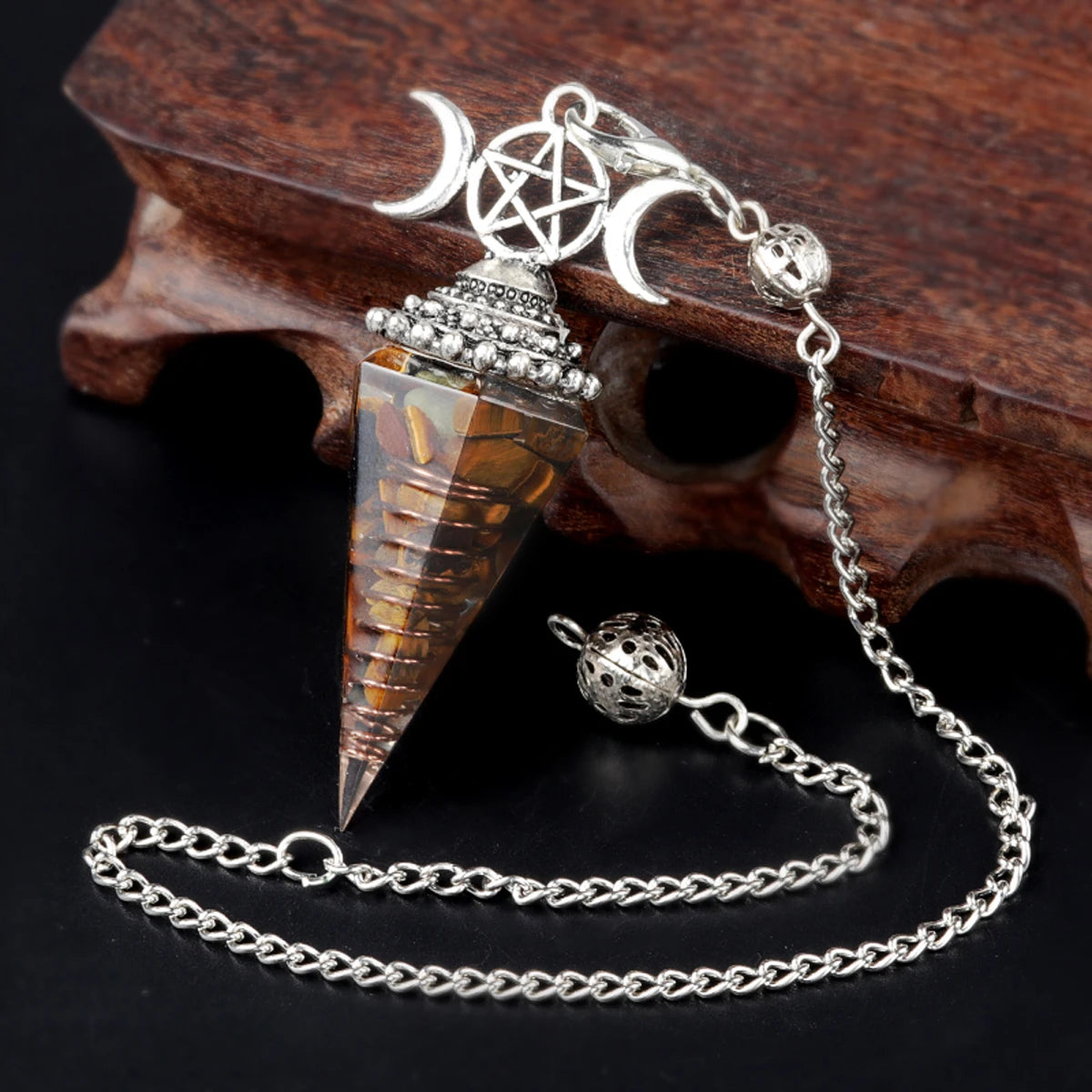 Three Phase Lunar Meditation Healing Natural Stone Tiger Eye Crystal Hexagonal Pyramid Spirit Pendulum Accessory Gift