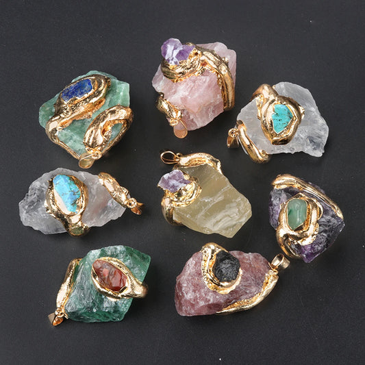 New Fashion Crystal Fluorite Natural Raw Stone Irregular Pendant DIY Made Women Men's Jewelry Accessories (Without Chains) 1pc