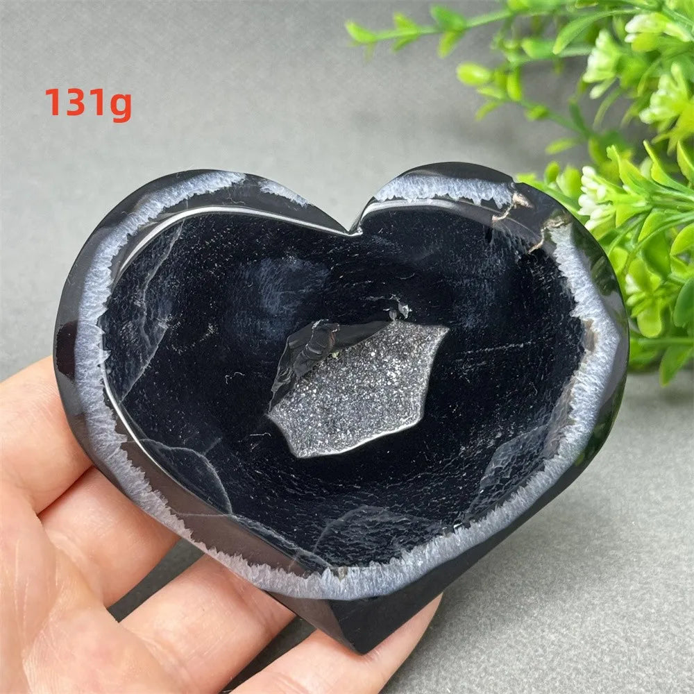Natural Gemstone Black Agate Geode Heart Shaped Crystal Reiki Energy Healing Meditation Witchcraft Home Garden Decoration Exorci