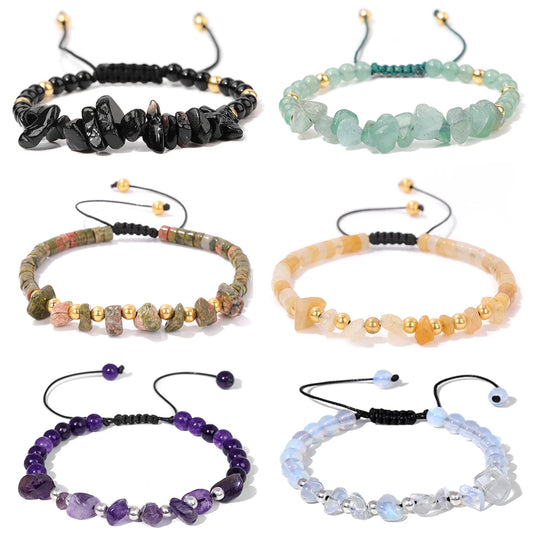 Irregular Natural Gem Crystal Stone Beads Bracelet Braided Obsidian Aventurine Amethysts Aquamarin Opal Chip Bracelets For Women