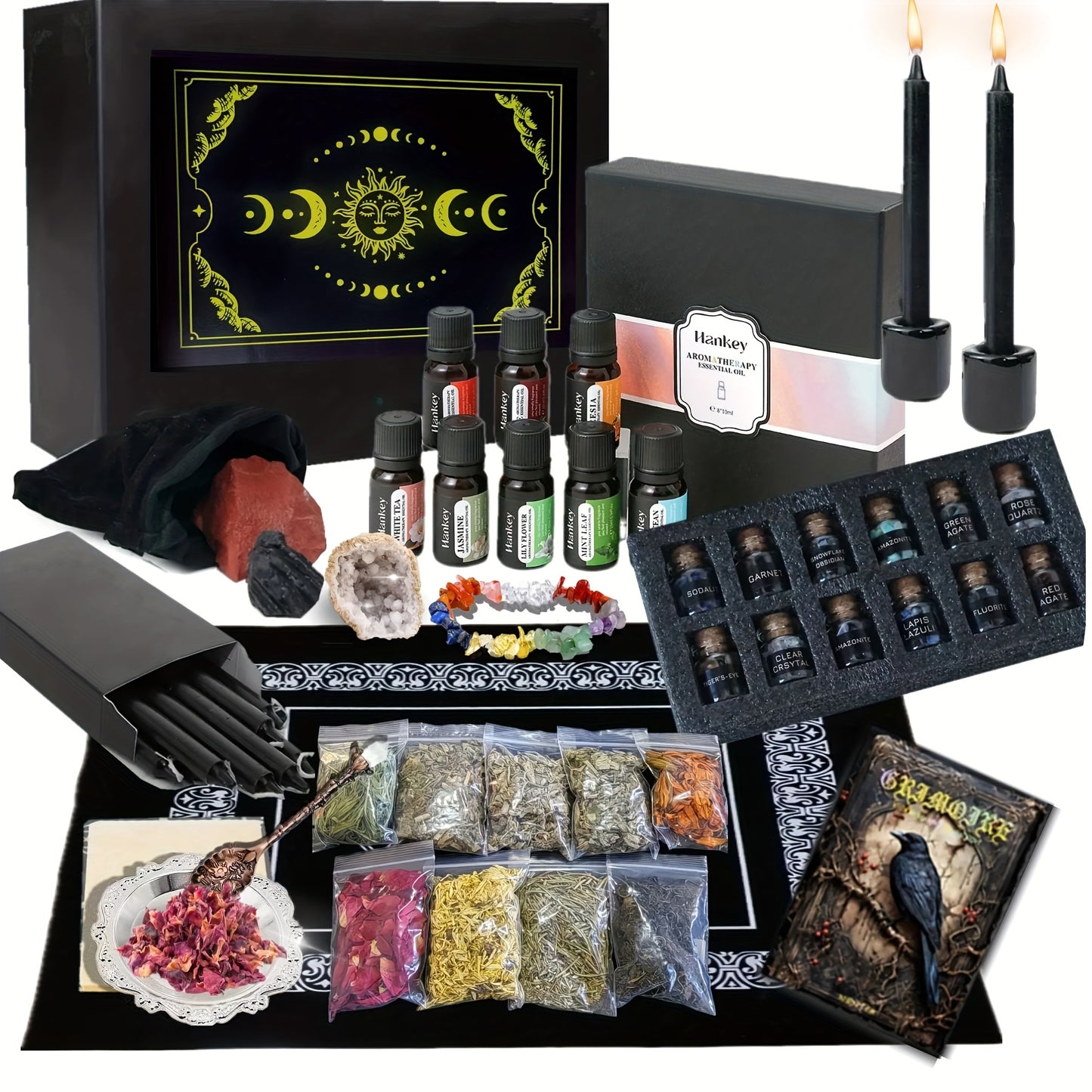 Witchcraft Supplies Wiccan Tools for Beginners - 62 Set Witchy Gifts Starter Kit Box - Crystals for Witchcraft Spell Jars Candles - Spiritual Altar Witch Stuff for Pagan Gothic Room Decor