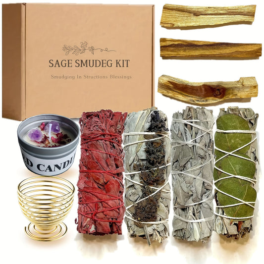 Sage Smudge Kit with Crystals and Candles, 4'' Long, Natural Stone, Elegant Style, for Cleansing Negative Energy and Home Purification, Includes Dragon Blood, White Sage, Eucalyptus, Lavender, and Palo Santo Sticks