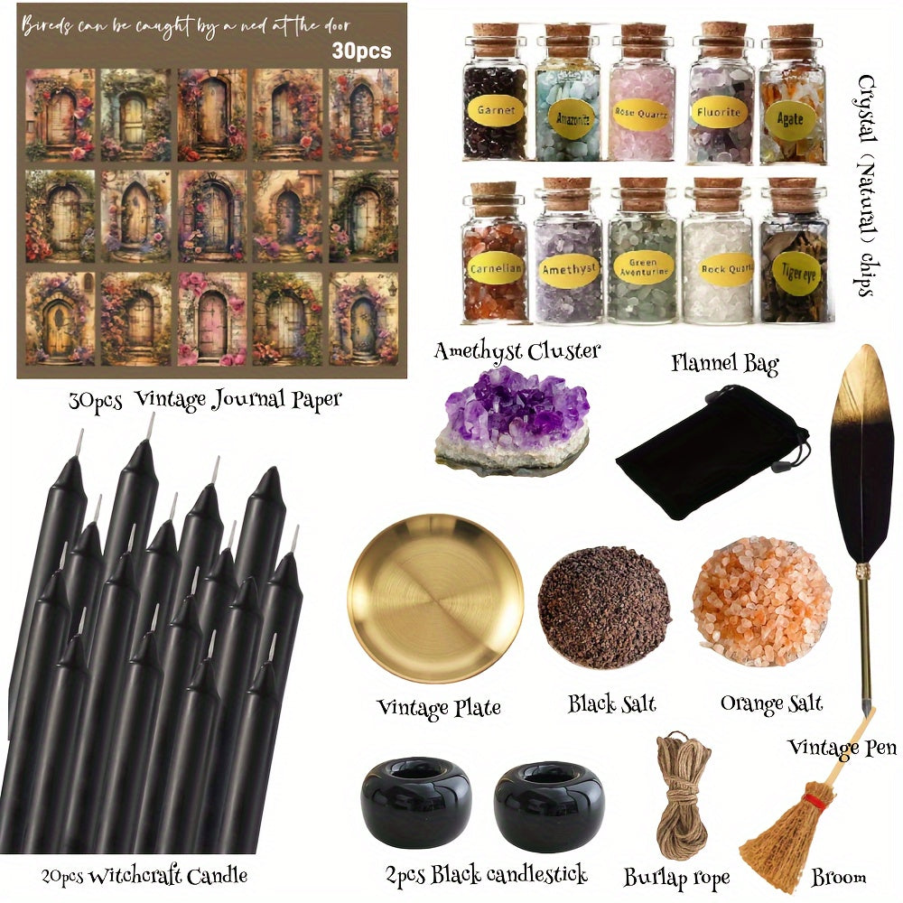 Witchcraft Starter Kit - 70pcs Set with Candles, Vintage Journaling Paper, Quill Pen, Jar, Broom & Black Salt