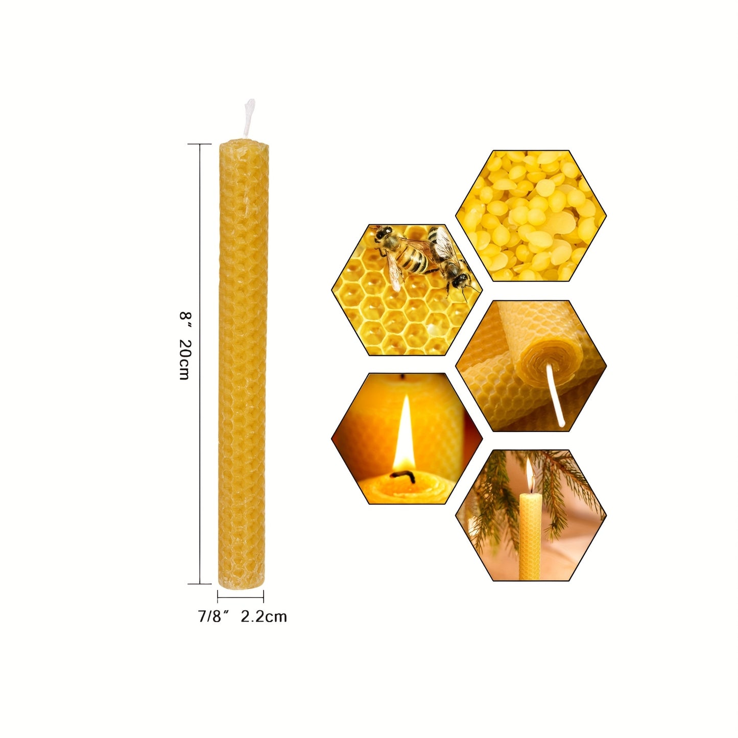 Beeswax Taper Candles 8" 6pcs Set - Natural Beeswax Hand-Rolled Beehive Texture Flat Top Candle Sticks, Natural Honey Aroma Candles For Dating, Party, Event, Gift & Home Decor