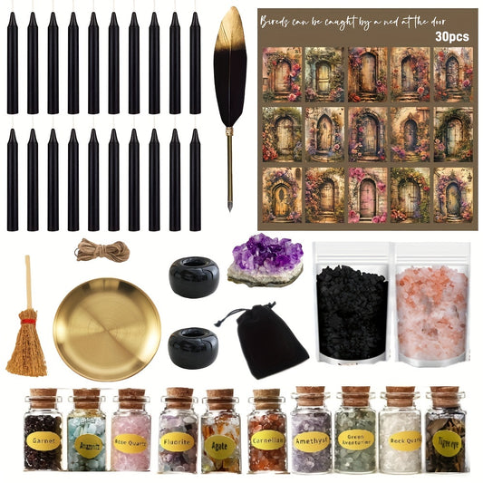 Witchcraft Starter Kit - 70pcs Set with Candles, Vintage Journaling Paper, Quill Pen, Jar, Broom & Black Salt