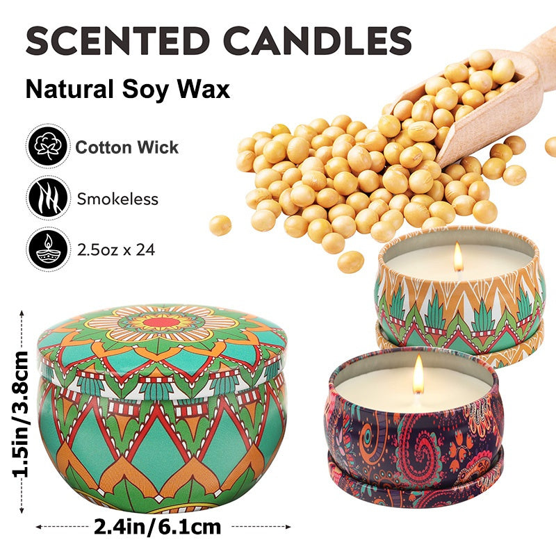 24 Scented Candles, Portable Tin Candles, 2.5 oz Each, Lasts 15-20 Hours, Scented Candles for Aromatherapy, Massage, Birthdays